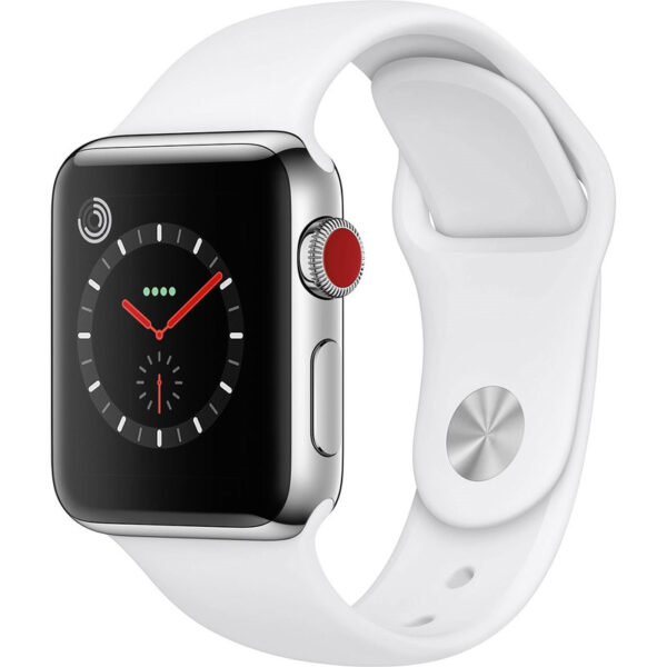 ساعت هوشمند اپل واچ سری 3 سلولار مدل 38mm Stainless Steel Case with Soft White Sport Silicon Band