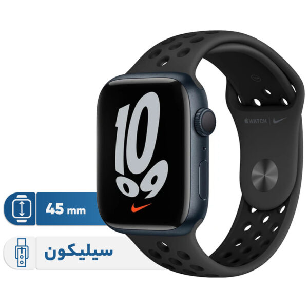 ساعت هوشمند اپل مدل  Series 7 45mm Aluminum Case with Nike Sport Band دارای قابلیت های صفحه نمایش لمسی بند سیلیکون