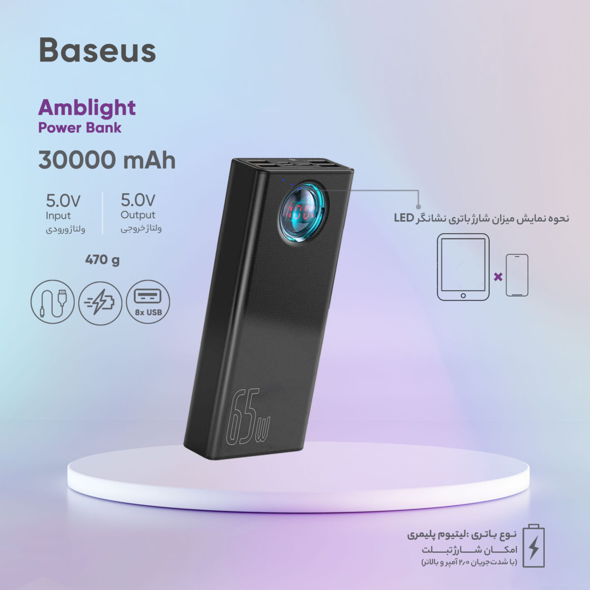 پاوربانک 65 وات باسئوس مدل Amblight ظرفیت 30000 میلی آمپر ساعت