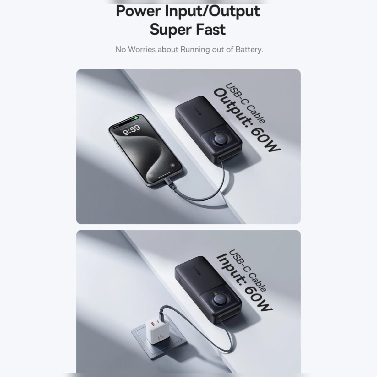 پاوربانک بیسوس مدل Free2Pull 65W ظرفیت 20000 میلی آمپر ساعت به همراه کابل USB-C
