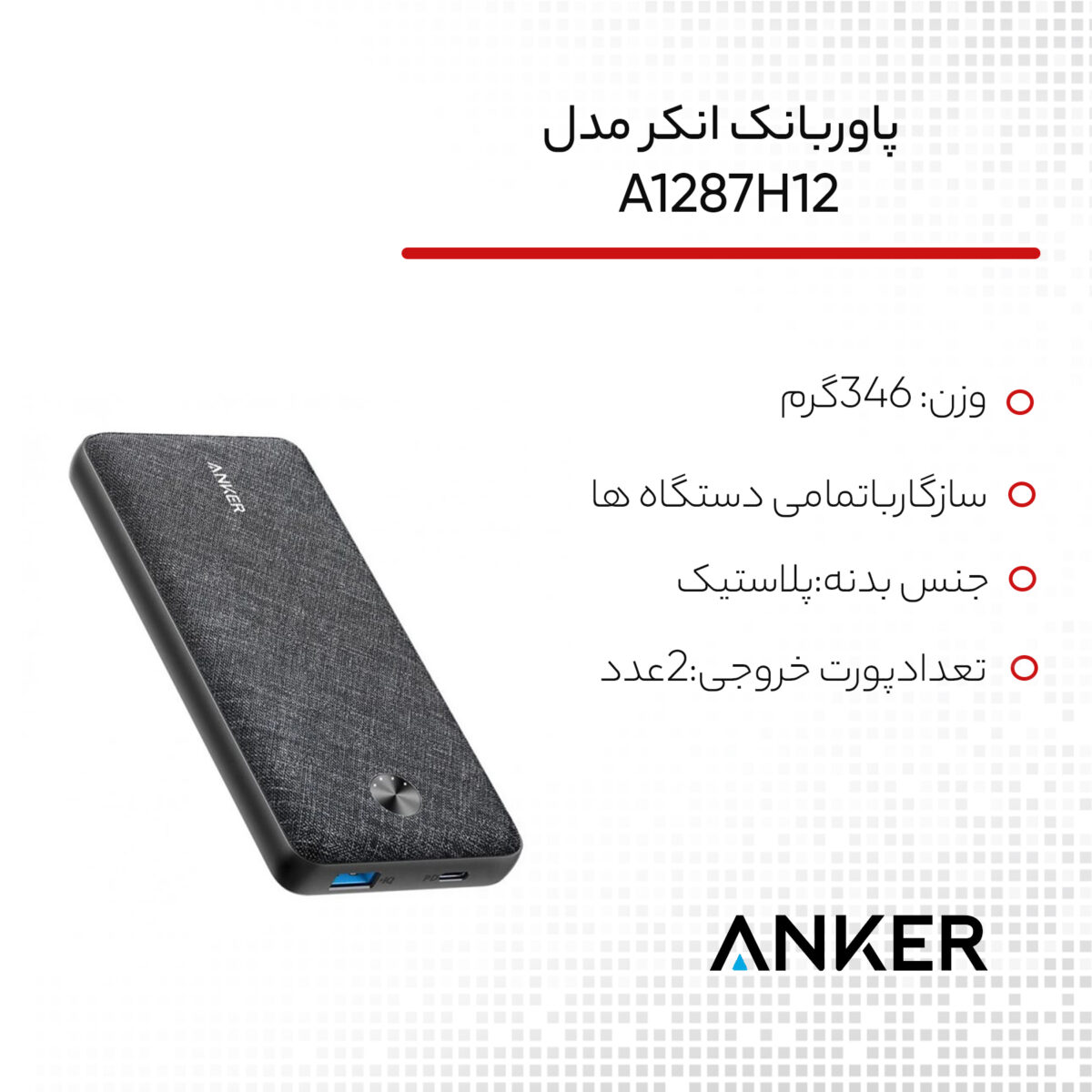 پاوربانک انکر مدل A1287H12 ظرفیت 20000 میلی آمپر ساعت