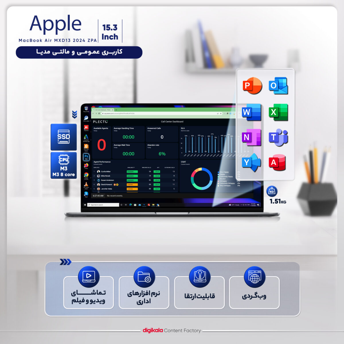 لپ تاپ 15.3 اینچی اپل مدل MacBook Air MC9F4 2024 LLA-M3-16GB RAM-256GB SSD