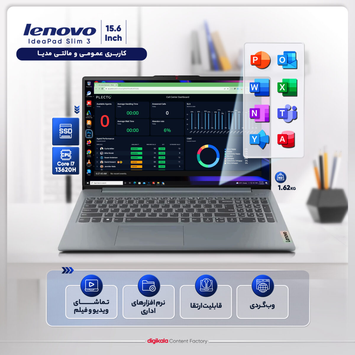 لپ تاپ 15.6 اینچی لنوو مدل IdeaPad Slim 3 15IRH8-i7 13620H-16GB LPDDR5-512GB SSD-IPS