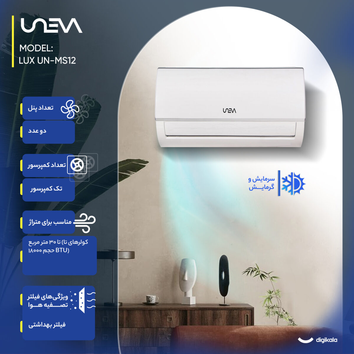 کولر گازی اسپلیت دیواری (Split) 12000 دور ثابت یونیوا مدل UN-MS12 LUX